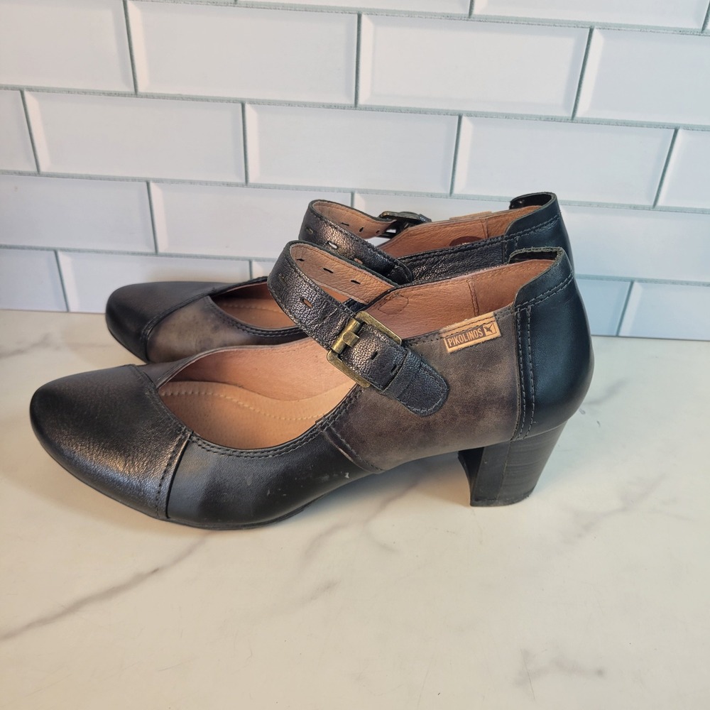 Pikolinos Womens Mary Jane Shoes Black Grey Leather Block Heels Size 40 9.5